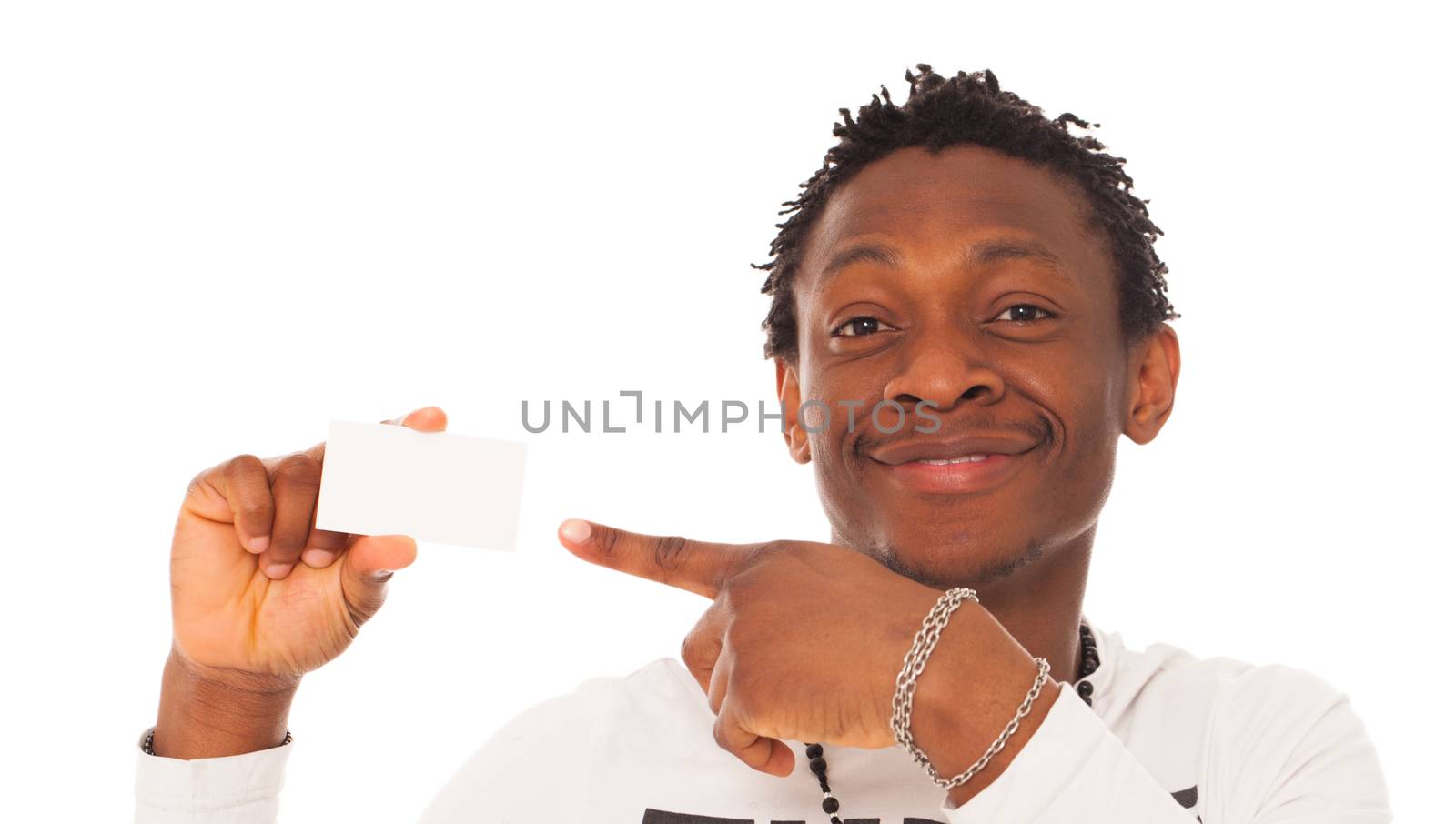 Handsome black guy with empty table isolated over white background