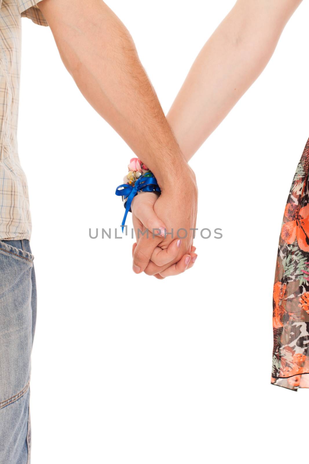 Hands together of romantic caucasian couple over white background