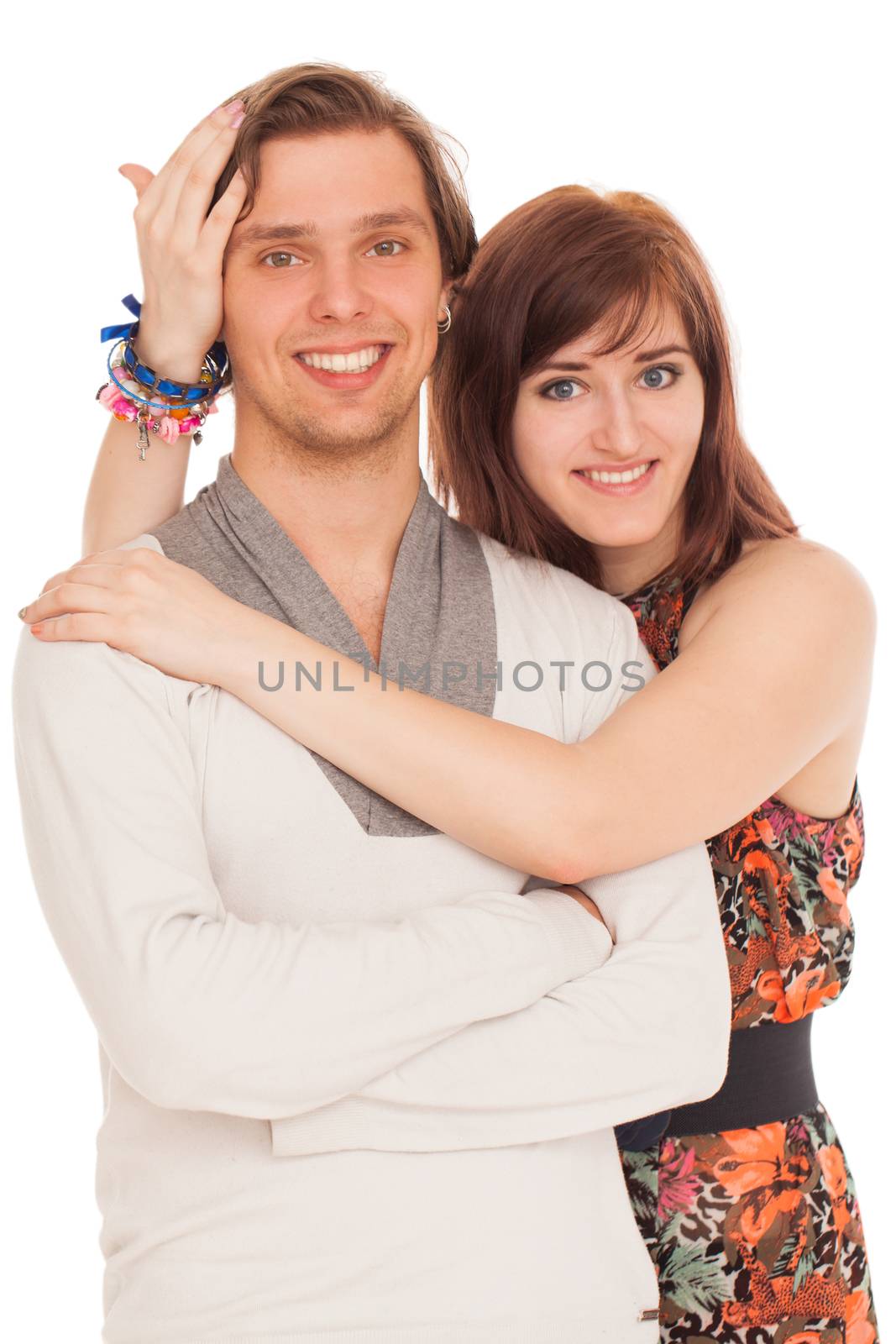 Romantic caucasian young couple over white background
