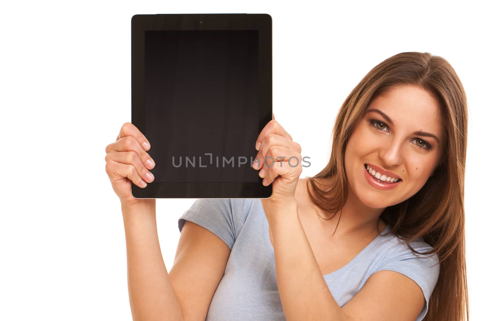 Young caucasian woman with tablet PC over white background