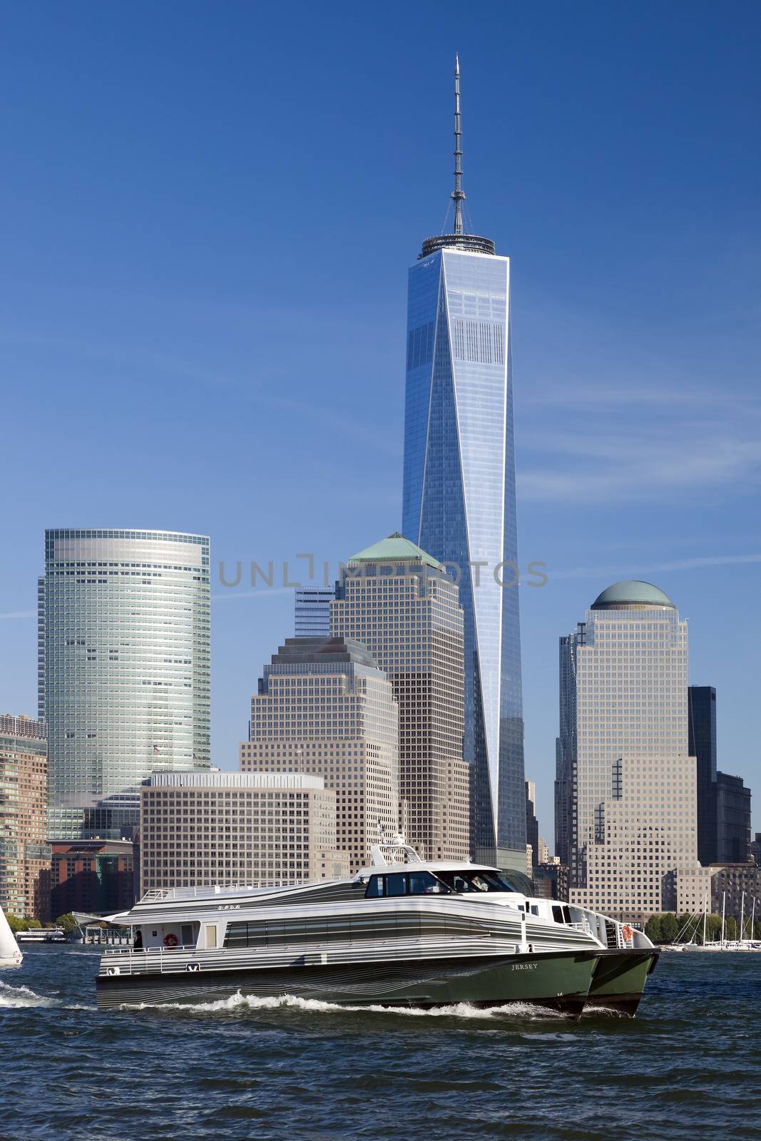 New York, USA - October 3, 2014: Freedom Tower in Lower Manhattan. One World Trade Center is the tallest building in the Western Hemisphere and the third-tallest building in the world.