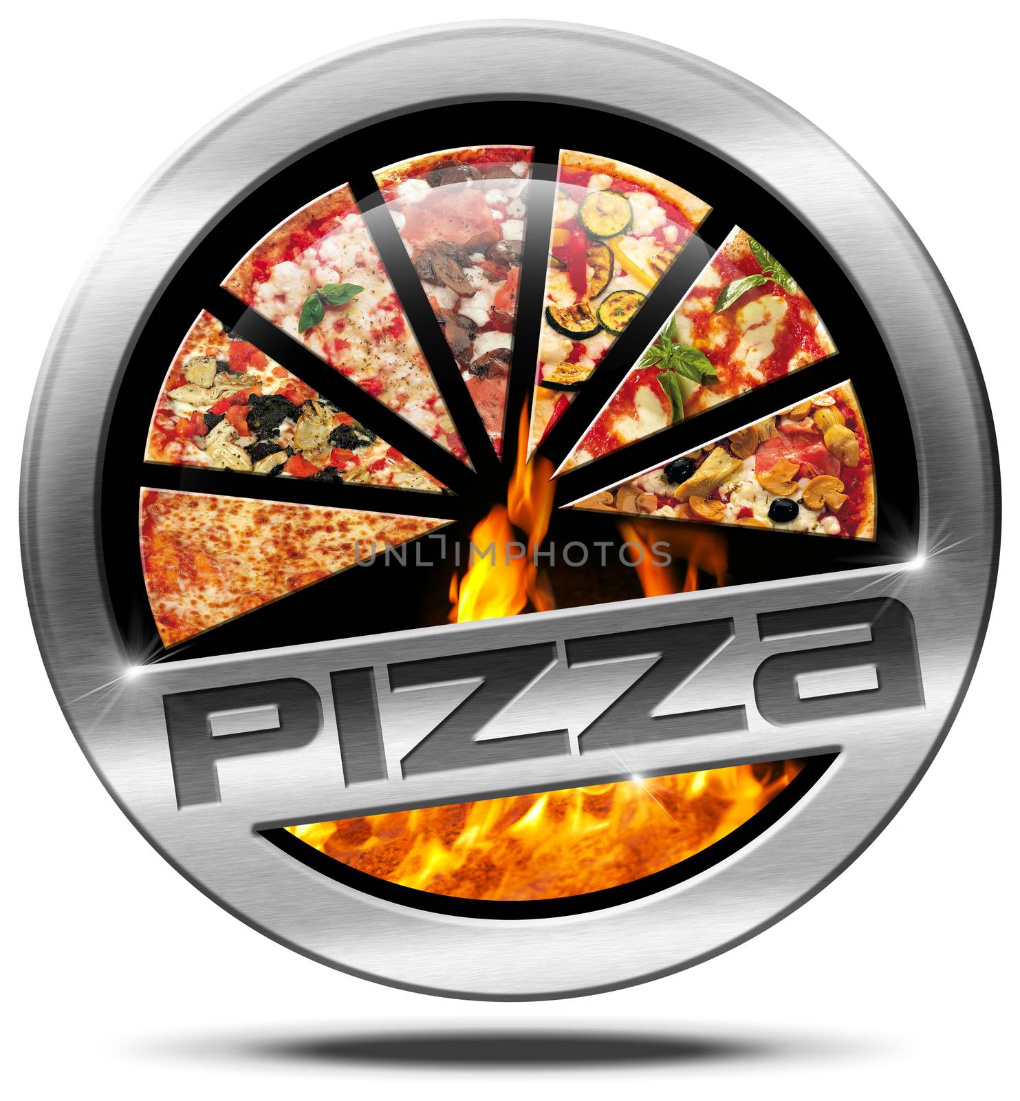 Metal round icon or symbol with pizza slices, flames and text pizza. Isolated on white background