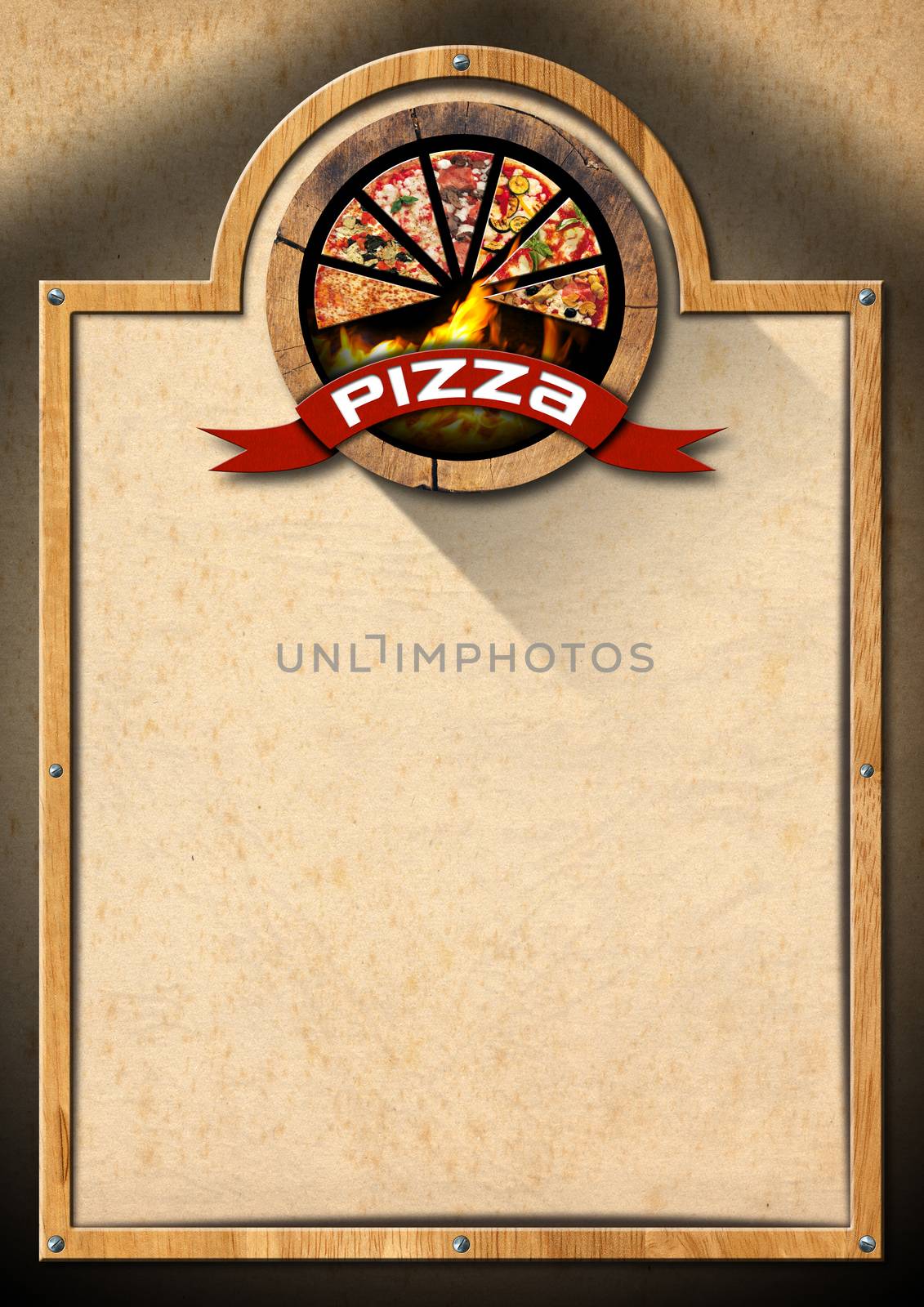 Signboard with wooden frame, empty brown old paper and symbol with slices of pizza. Template for a rustic pizza menu