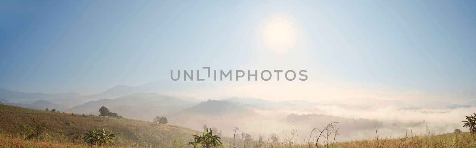 Mist and Sunny Mountain Landscape Panorama View by kobfujar
