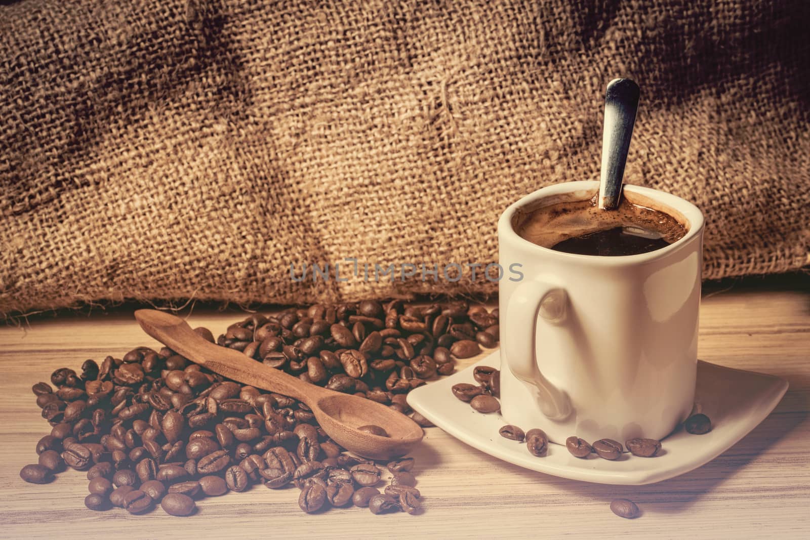 pile of fresh beans, cap, and spoon in retro color tone with space for text