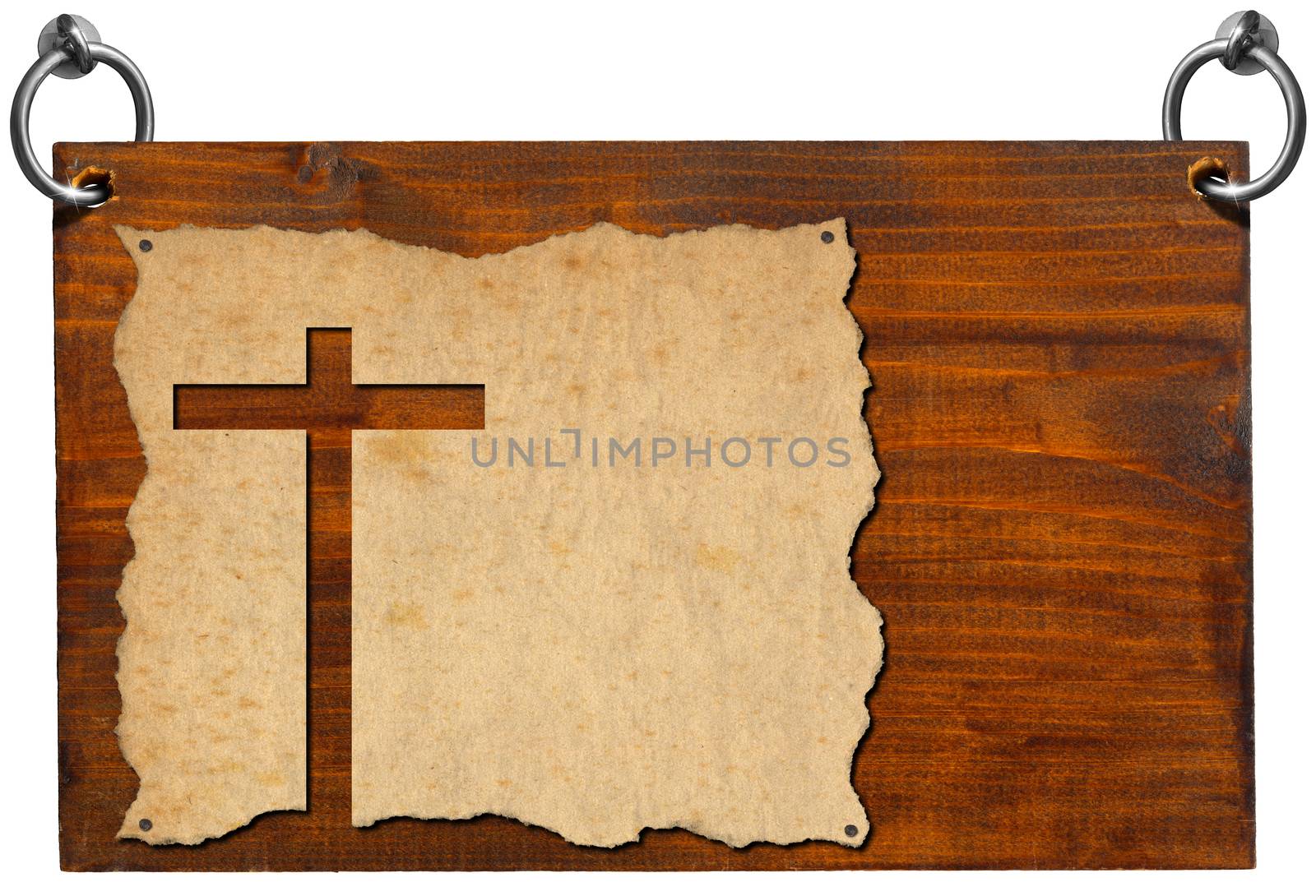 Wooden signboard with christian cross cut in an old grungy or vintage parchment. Isolated on white background