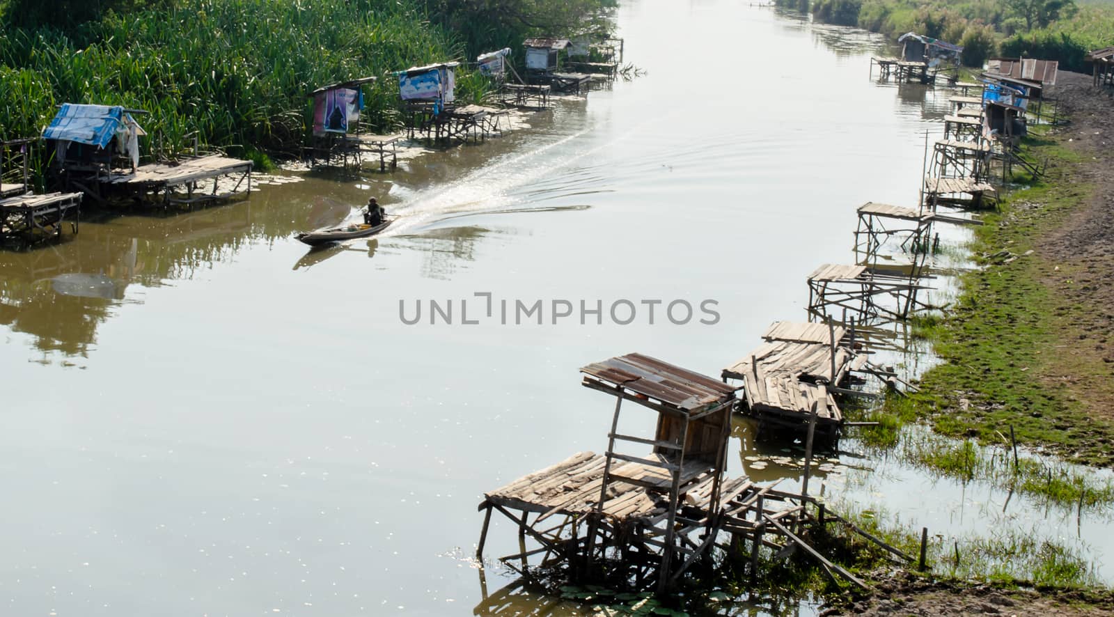 The Fisherman Boat and Fishing Pier on Local Canal.