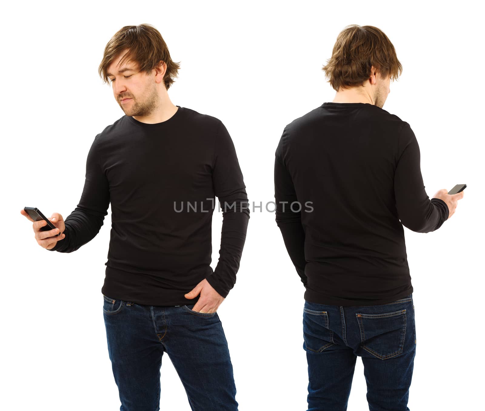 Man wearing blank black shirt holding phone by sumners