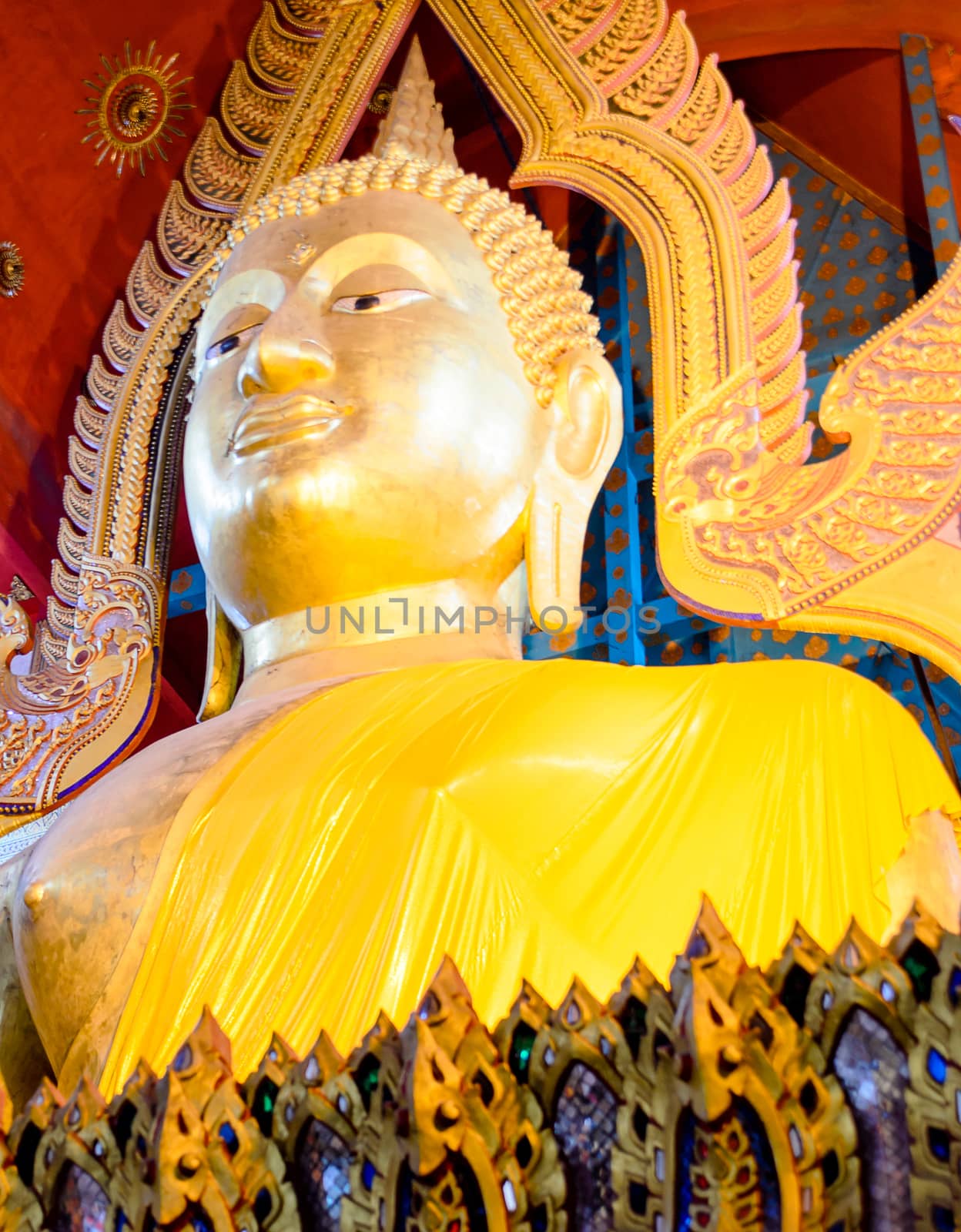 The Golden Buddha Image Statue at Outdoor at ancient temple,Wat Ton Son,Ang Thong,Thailand.