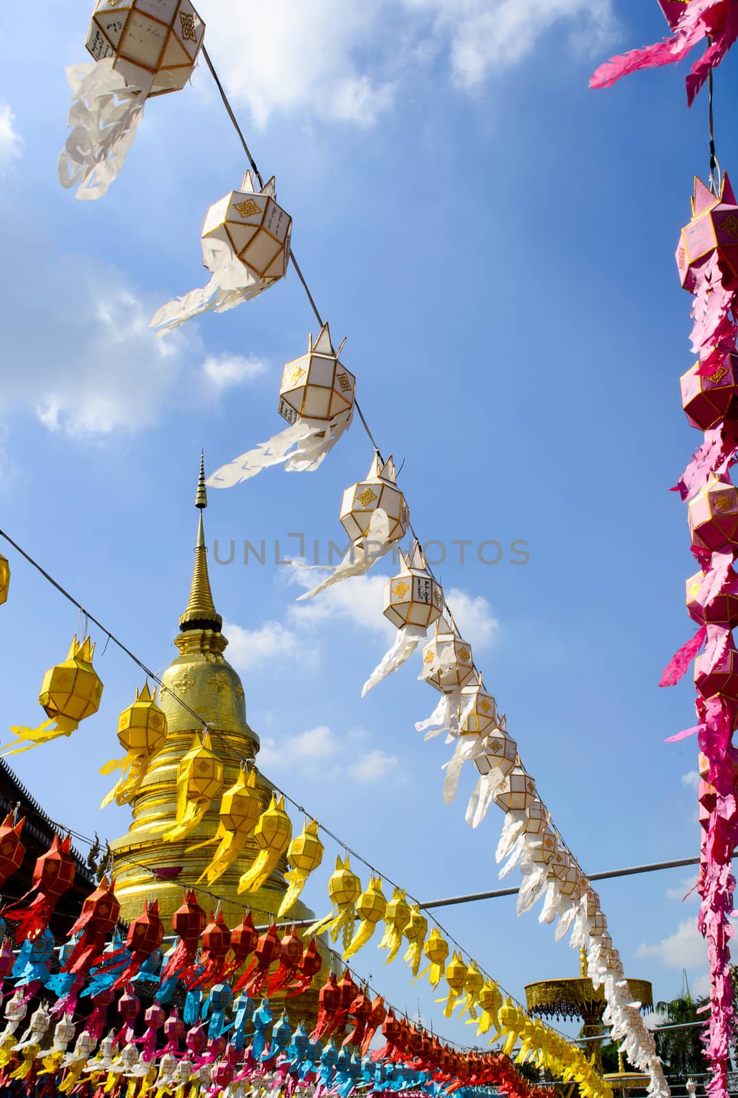 The Colorful Hanging Paper Lantern and Golden Pagoda in Festival of Thailand.
