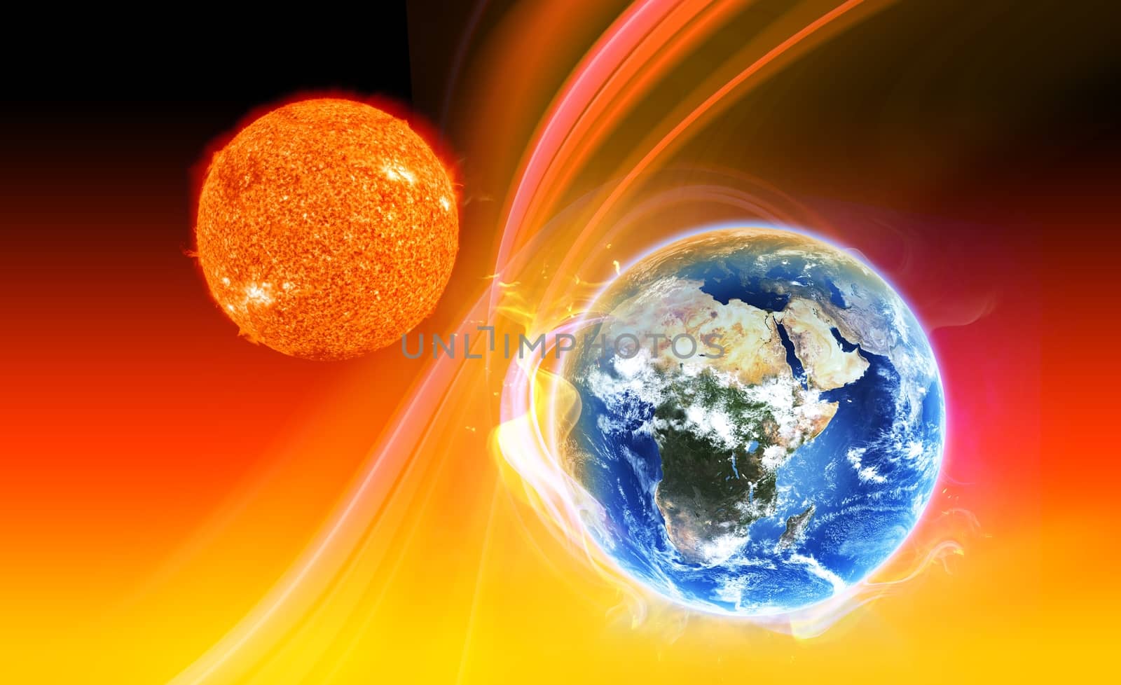 Sun heating earth atmosphere illustration global warming concept