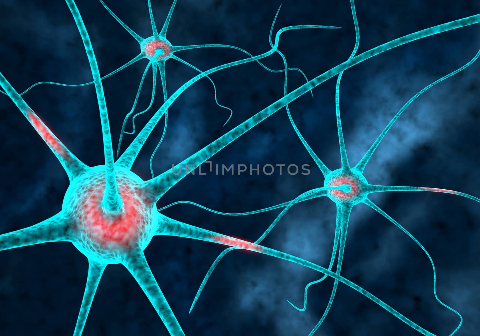 Brain neurons connected  illustration with axons and dark background