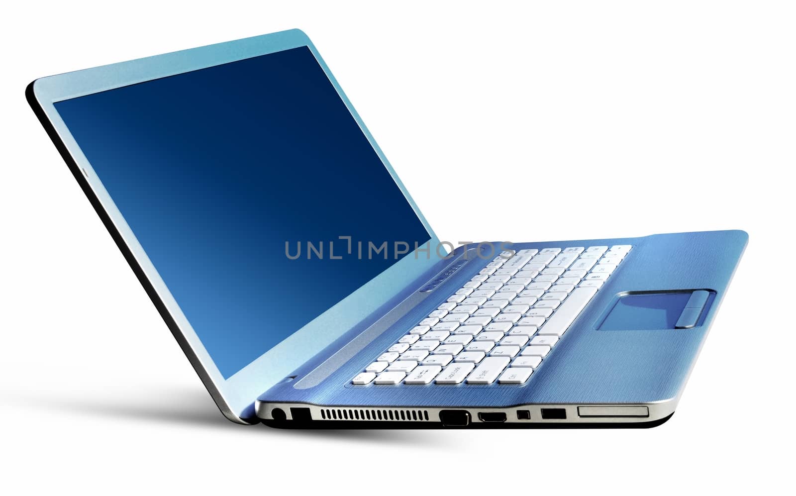 Metallic silver blue laptop notebook isolated on a white background.