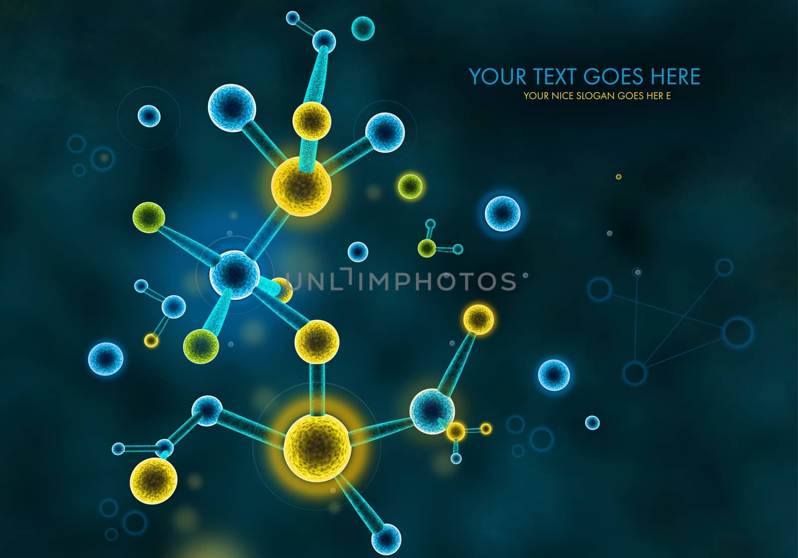A 3D illustration representing chemistry organic protein molecules formations and  structures on a dark background
