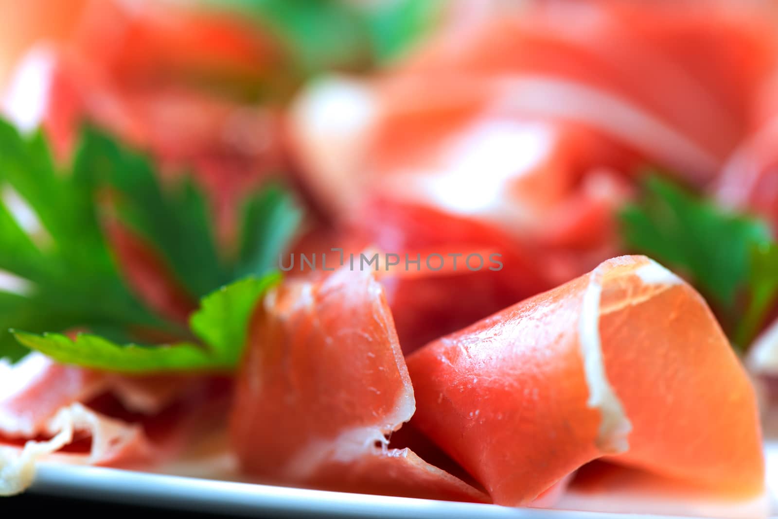 Blurred hamon salad background close up