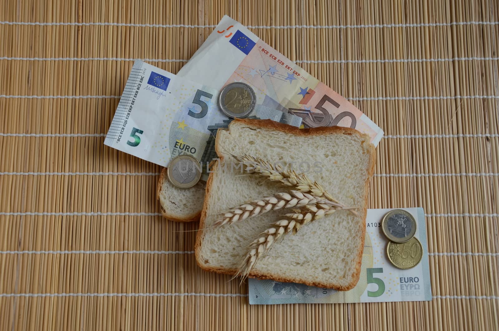 Slice of bread and wheat ears on Euro banknotes food concept