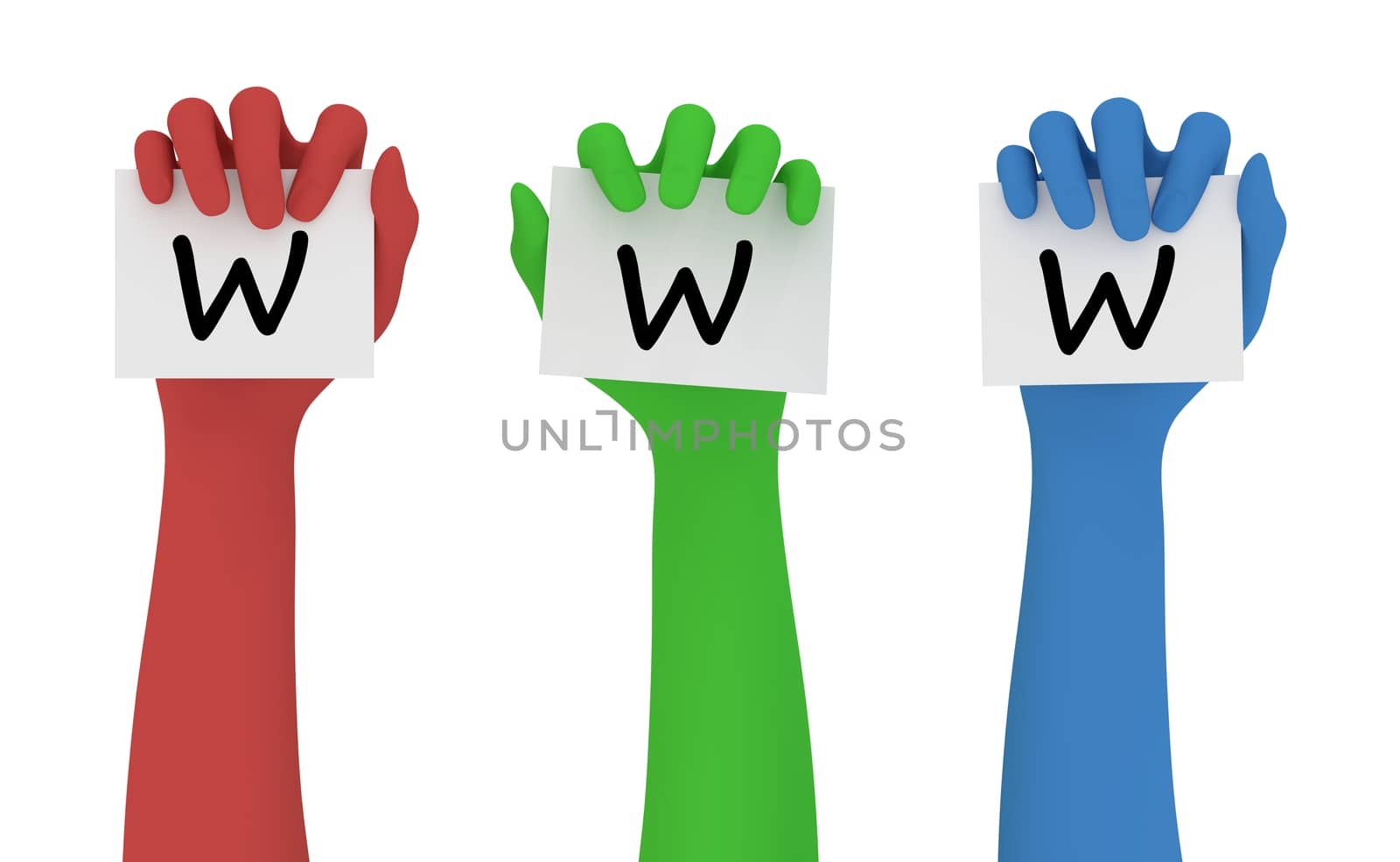 Illustration of red green and blue hands, each holding a note marked with a letter W