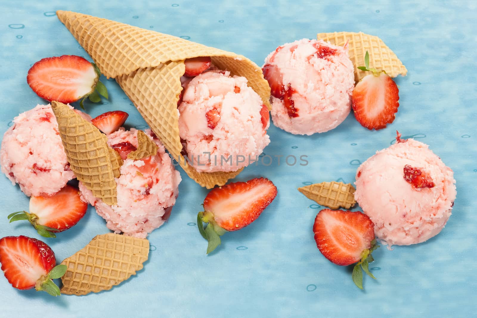 Strawberry Ice Cream With Fresh Strawberries. Macro photograph with shallow depth of field.