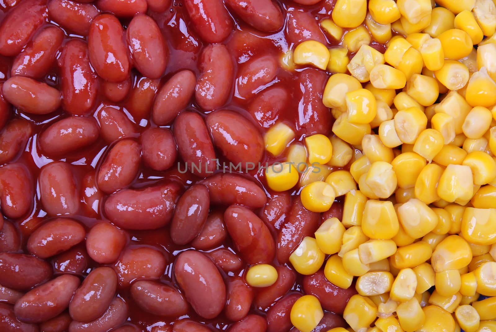 Red string bean in tomato sauce and yellow sweet corn can use as food background 