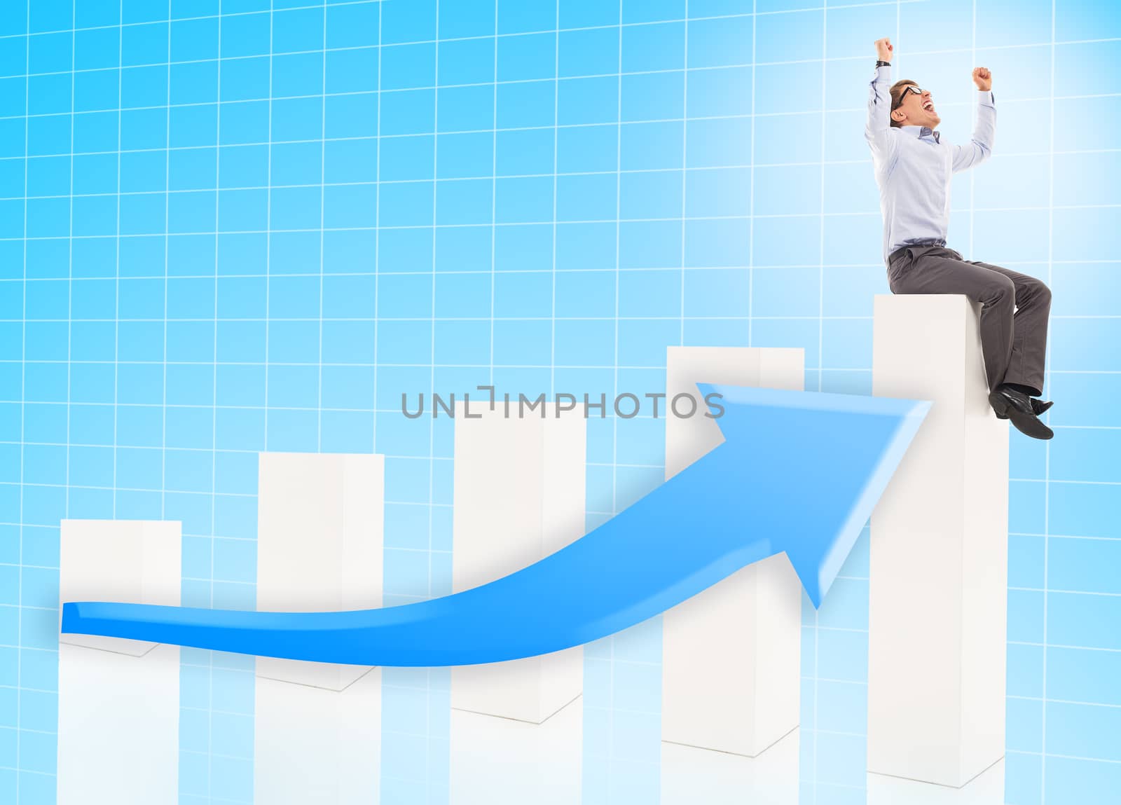 Handsome man in blue shirt and trousers sitting on top of a diagram that is showing income over a blue background