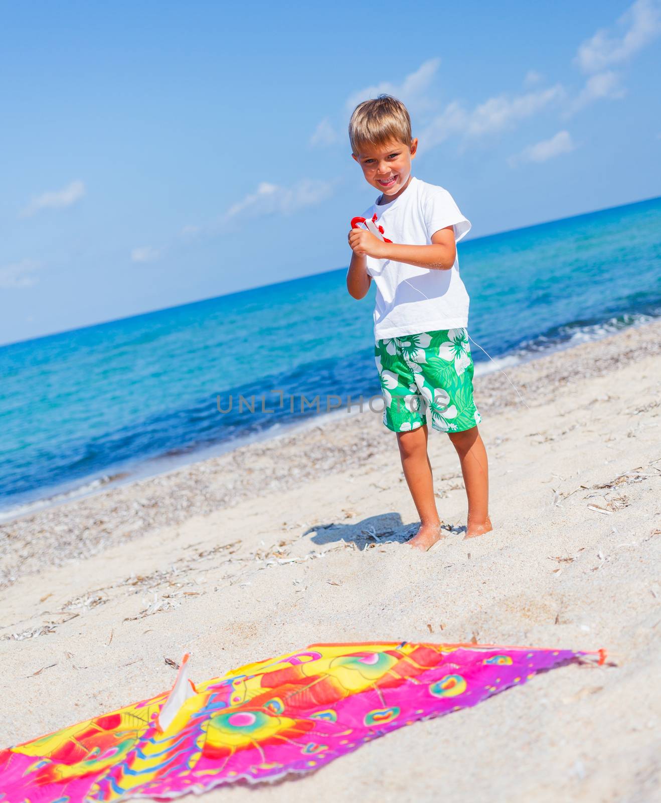 Summer vacation - Cute boy flying kite beach outdoor.