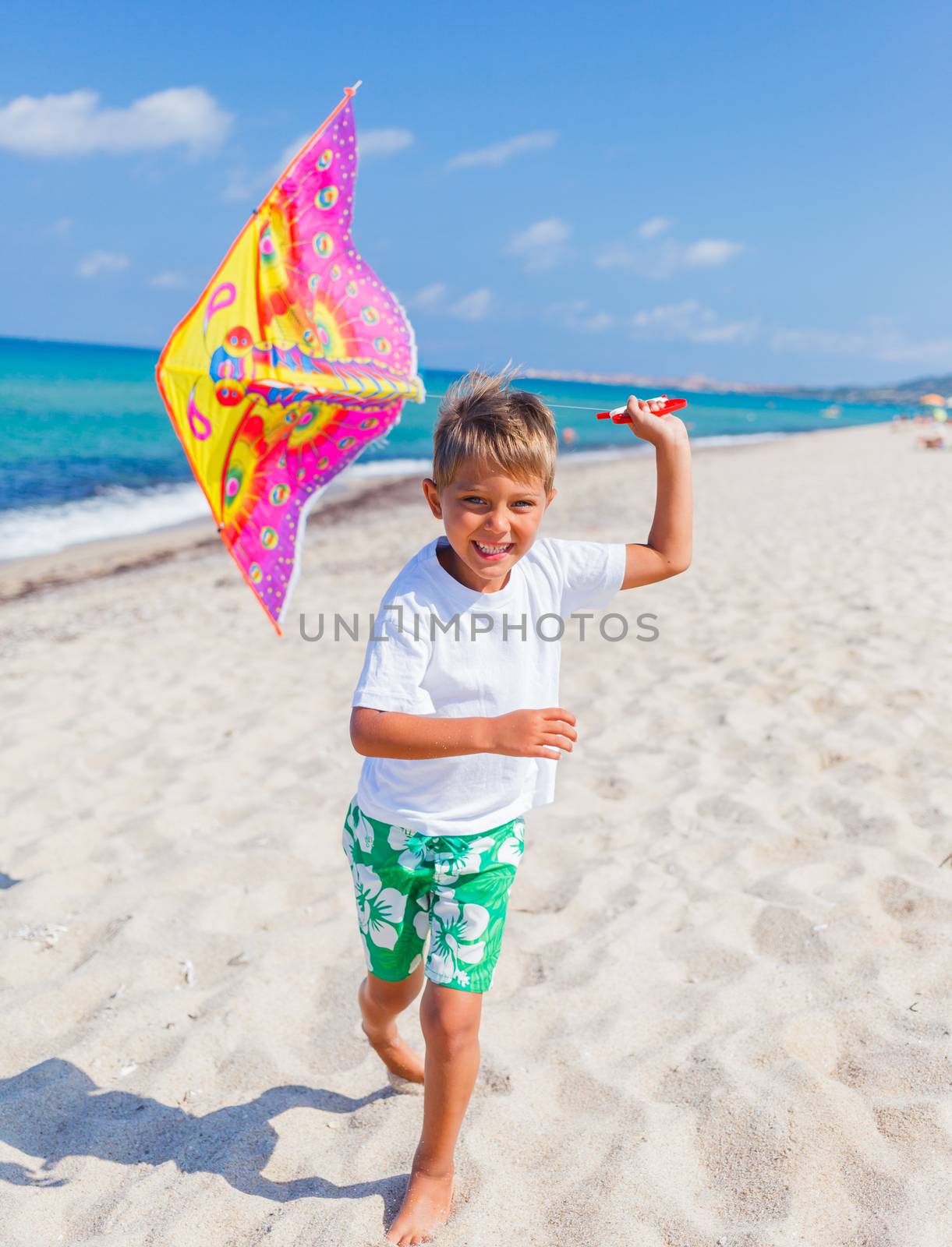 Summer vacation - Cute boy flying kite beach outdoor.