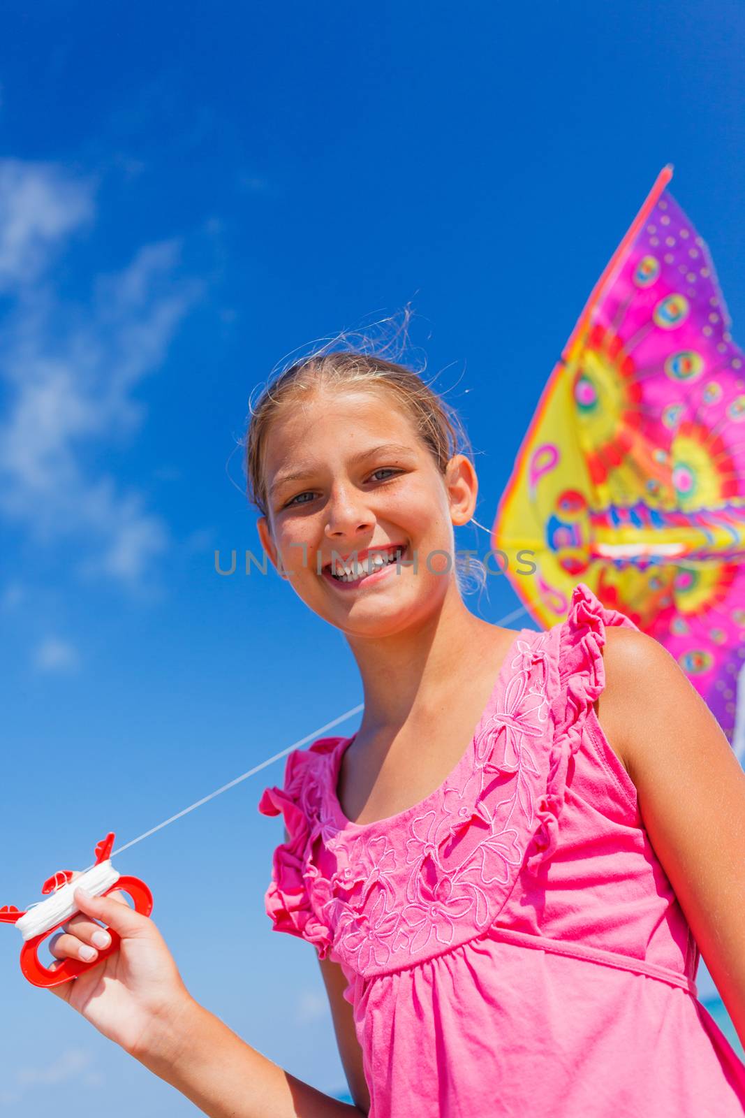 Beach cute girl kite flying outdoor coast ocean