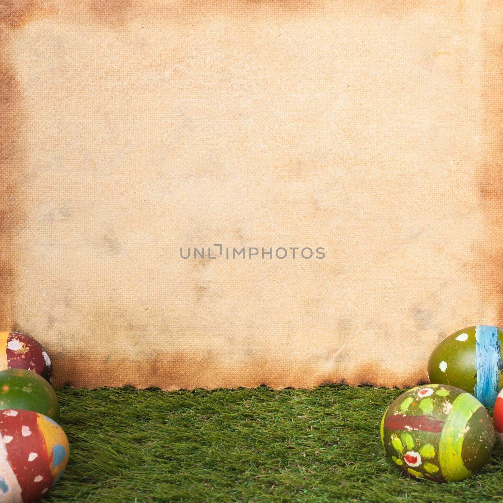 Happy easter eggs festival event on grass and grunge paper,can u by FrameAngel