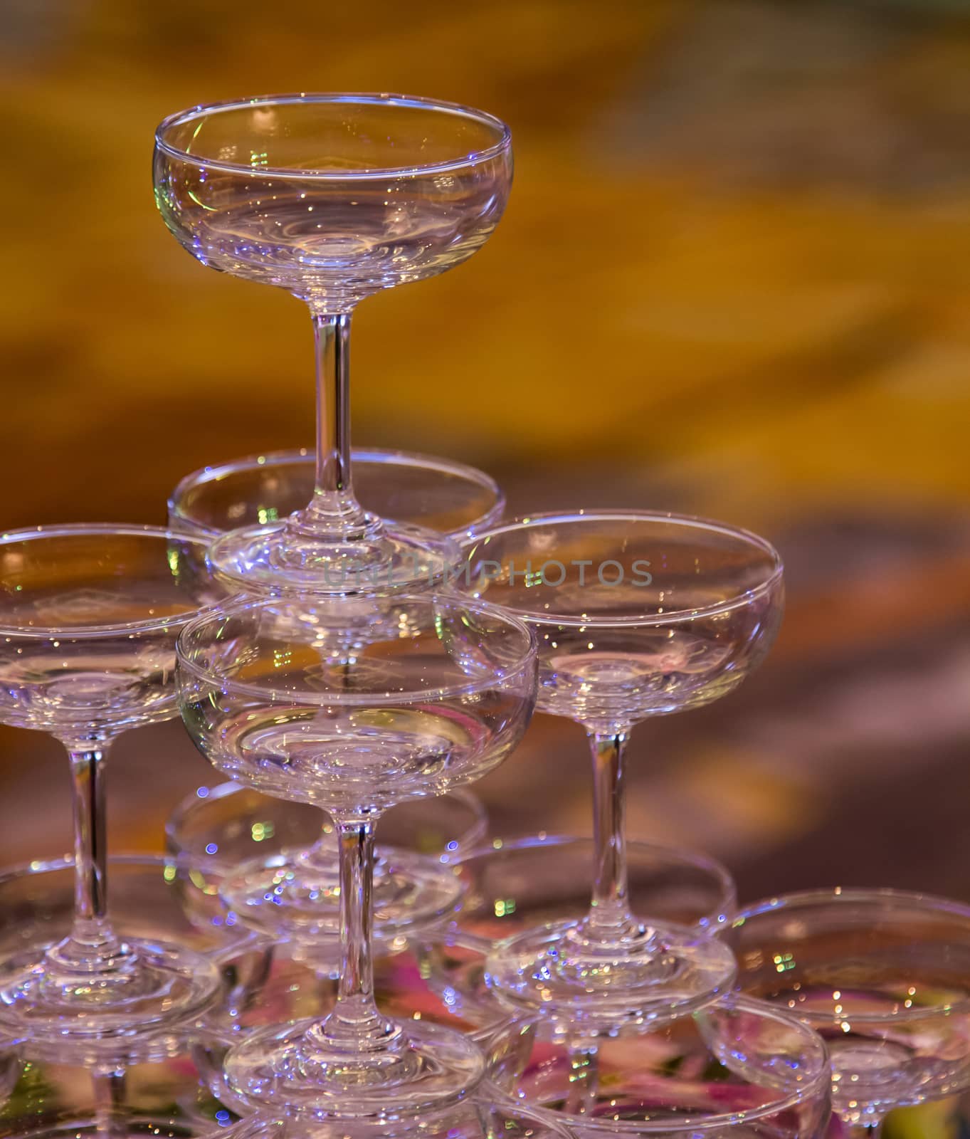 Stack of champagne glasses in wedding party