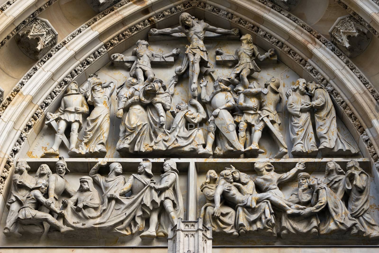 Crucifixion - relief above the entrance to Saint Vitus Cathedral at Prague Castle