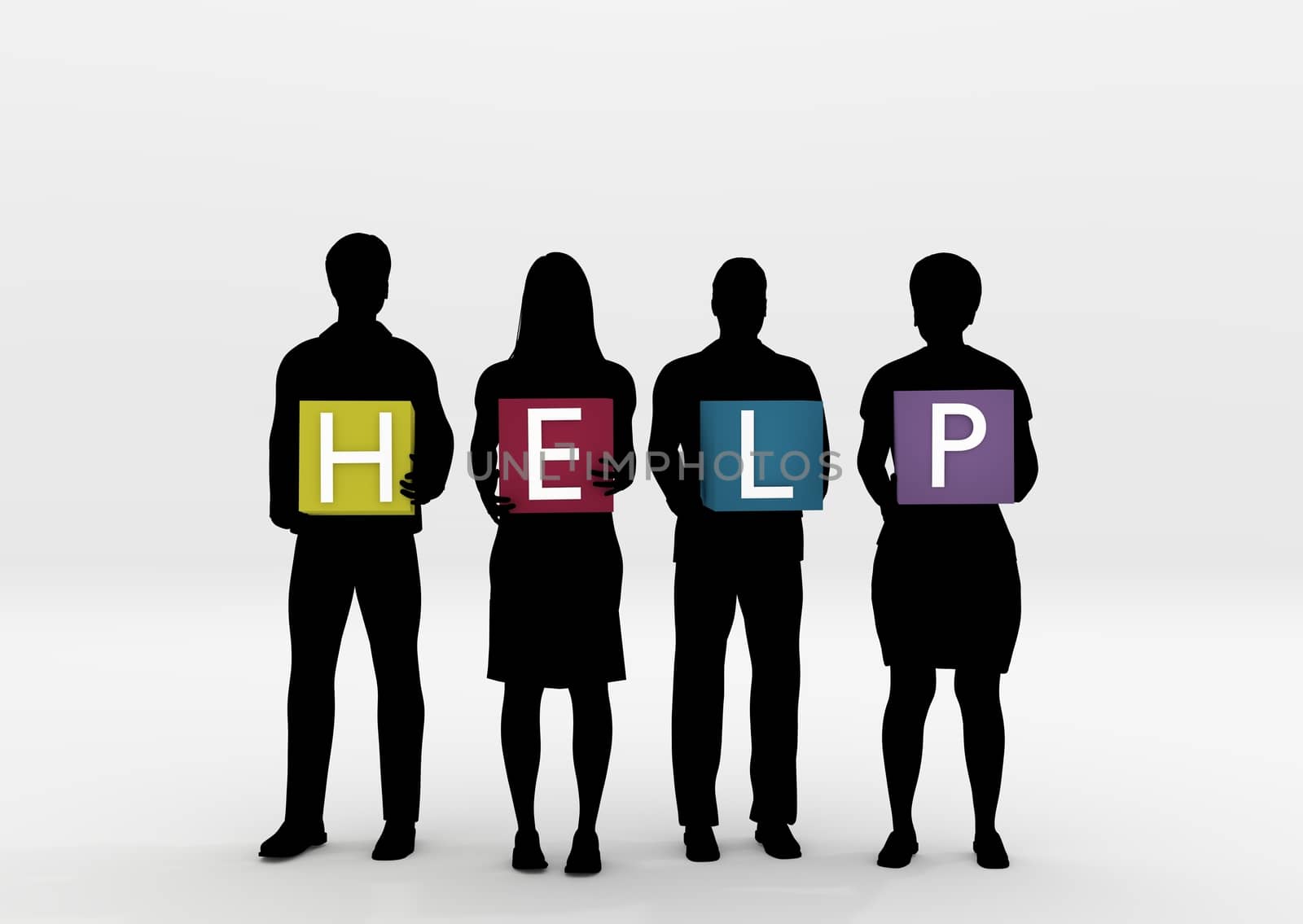 Illustration of four people holding boxes each with a letter that together spell out the word "Help"