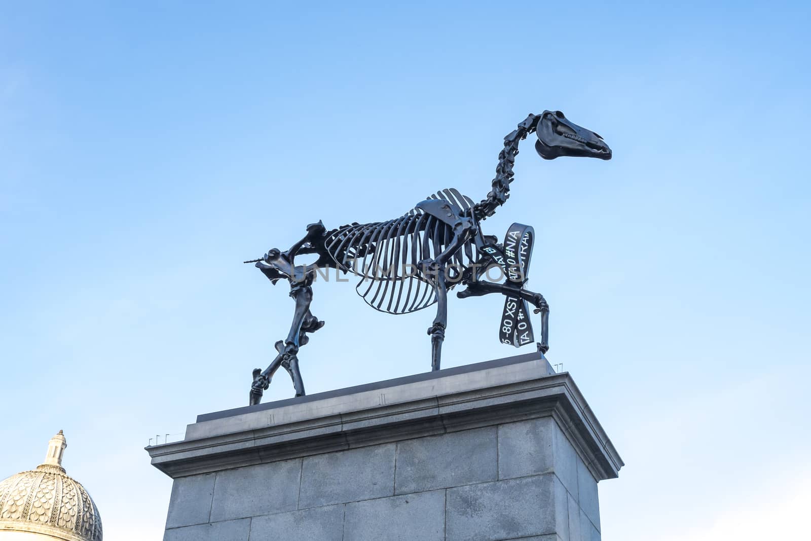 LONDON, UK - MARCH 06: Gift Horse sculpture by Hand Hacke, with National Gallery in the background, in Trafalgar Square. March 06, 2015 in London. The artwork shows live FTSE 100 tick in its ribbon.