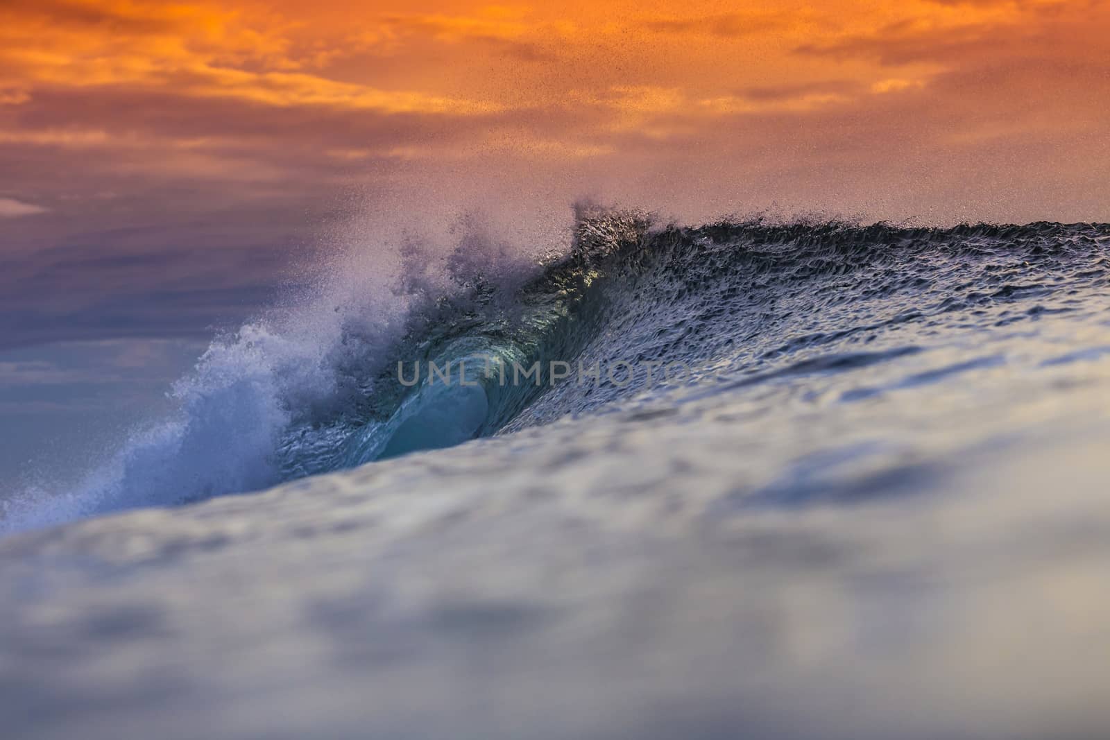 Colored Ocean Wave Falling Down at Sunset Time.