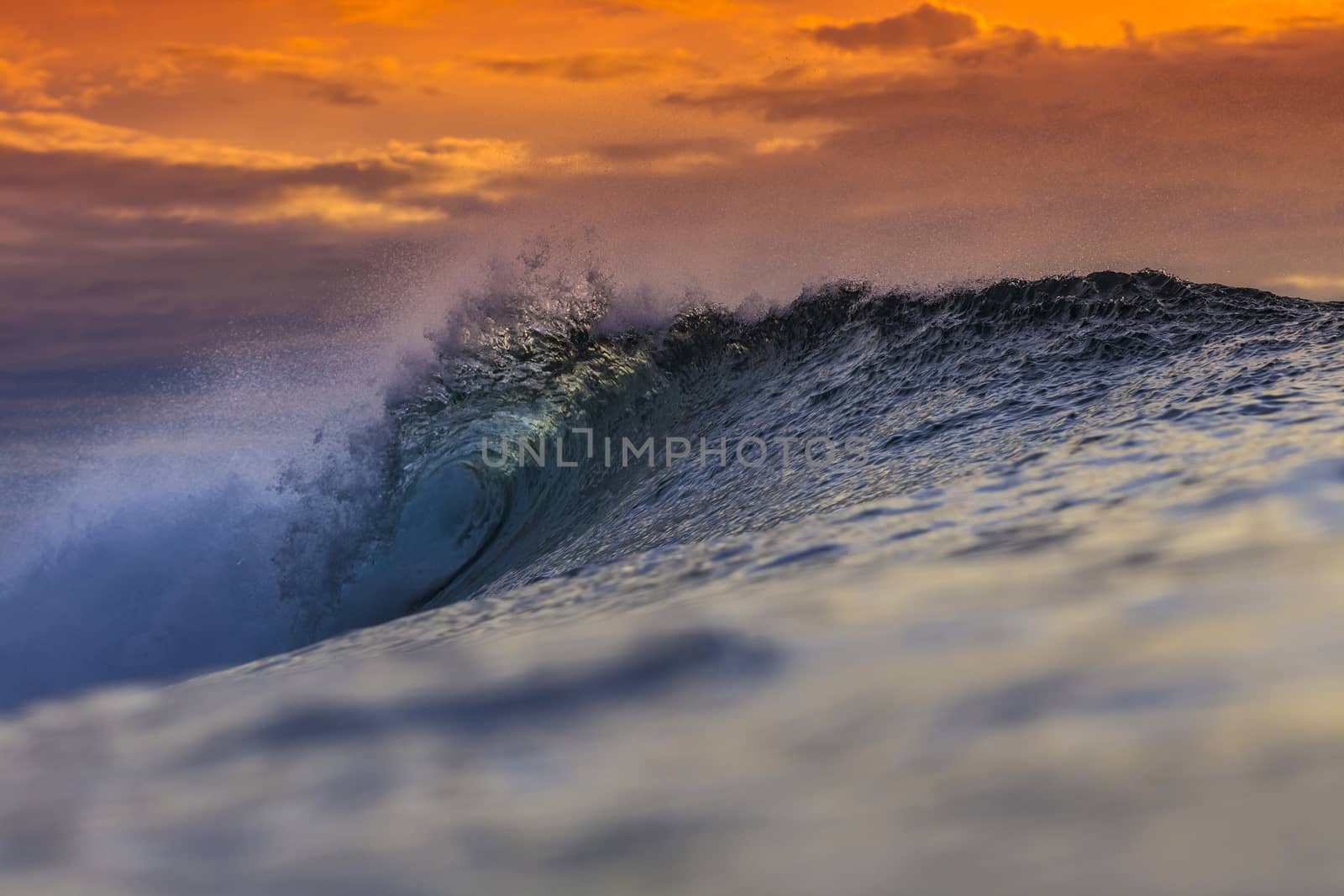 Colored Ocean Wave Falling Down at Sunset Time.