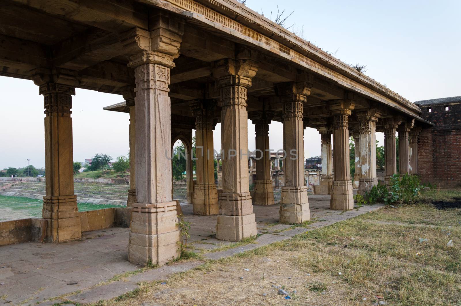 Colonnade of Sarkhej Roza mosque in Ahmedabad, Gujarat, India