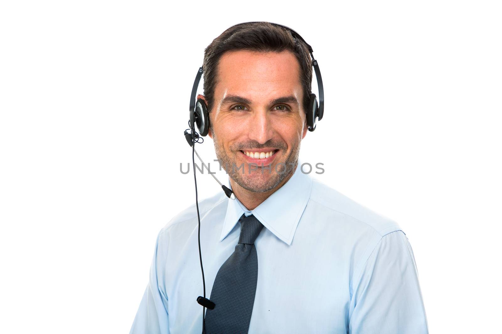 Portrait of a smiling man with headset working as a call center operator