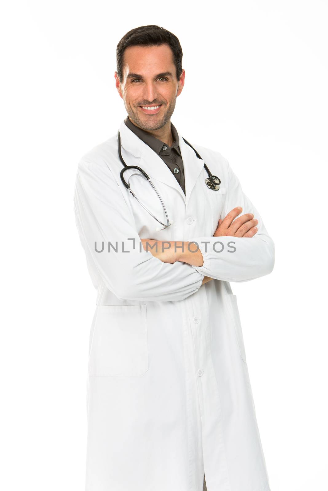Half length portraif of a male doctor, smiling at camera with crossed arms and stethoscope