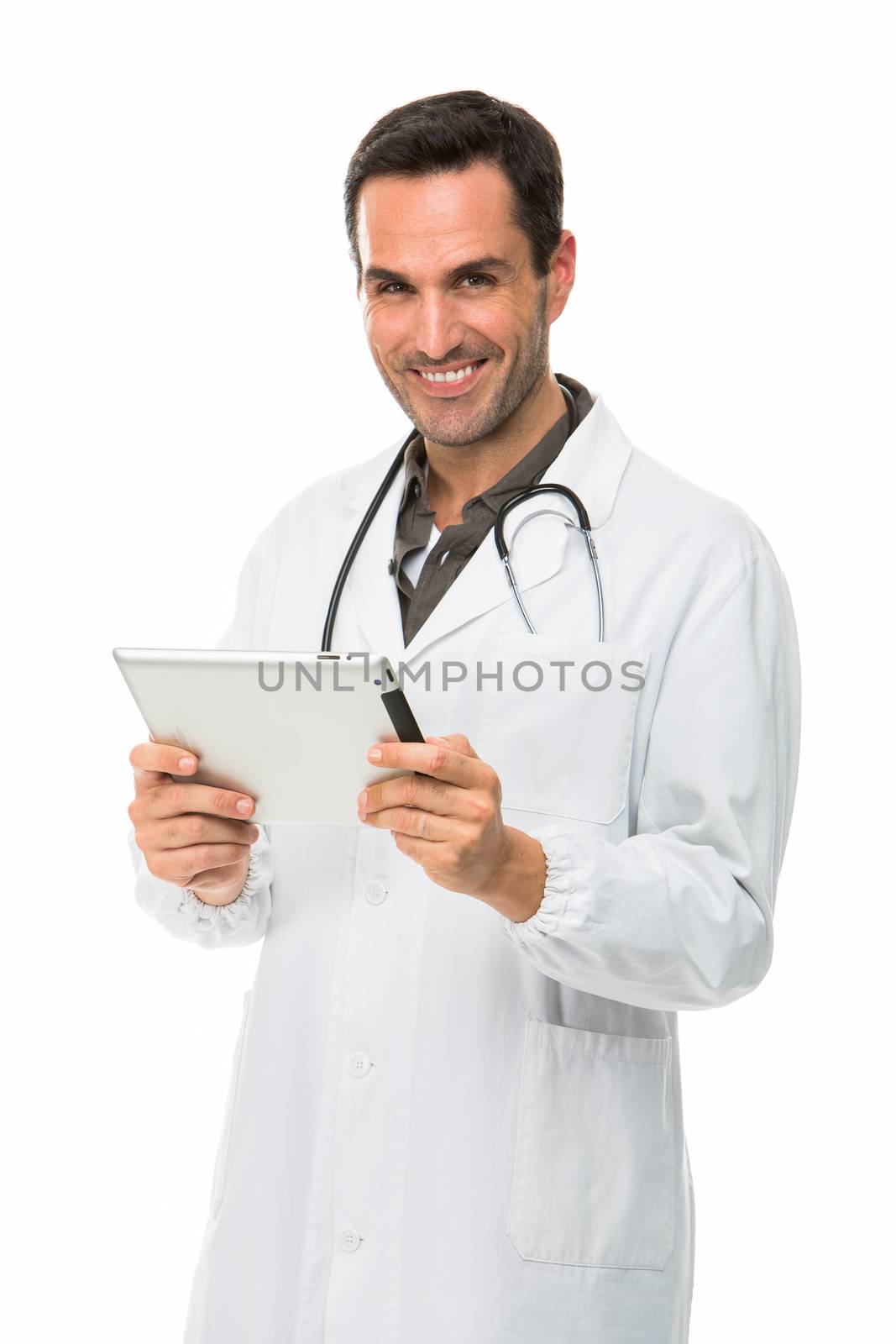 Half length portrait os a smiling male doctor with stethoscope and holding a digital tablet