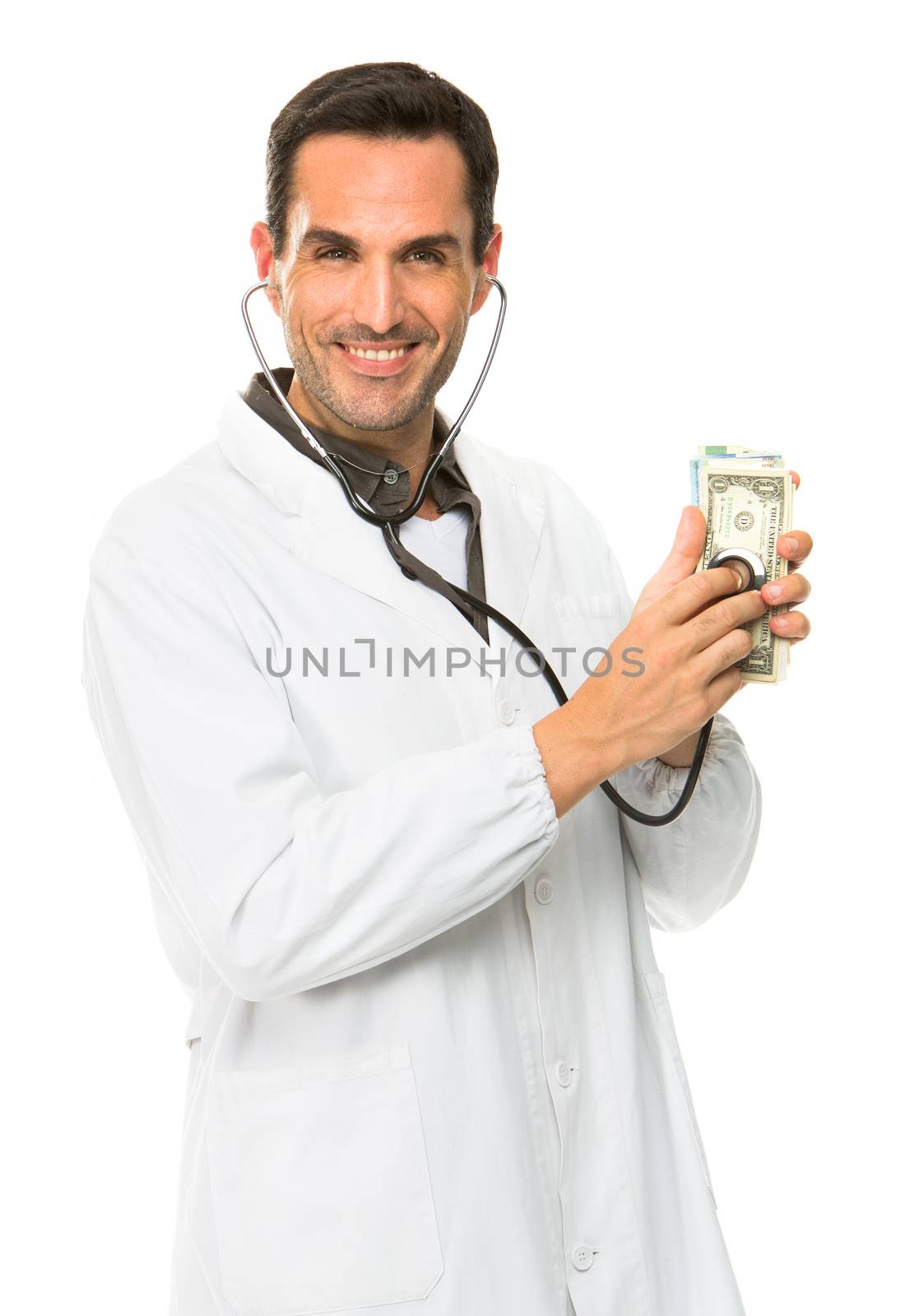 male doctor with stethoscope and money by Flareimage