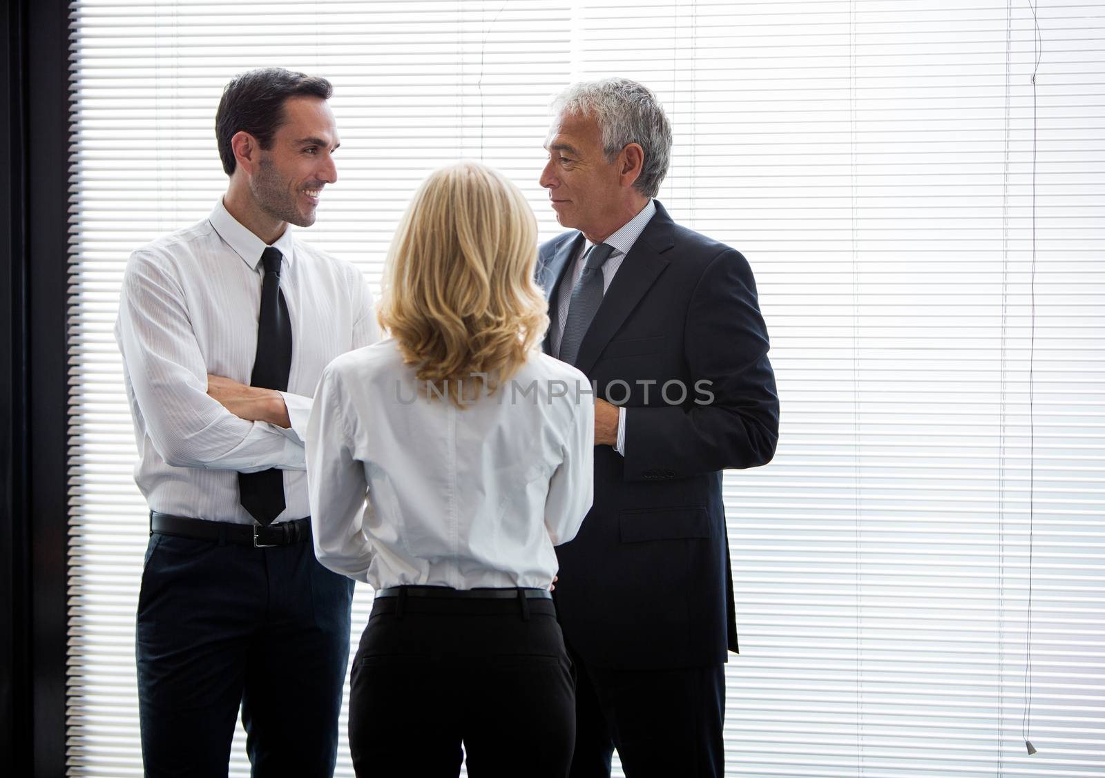 Half length portrait of three businesspeople standing up and speaking