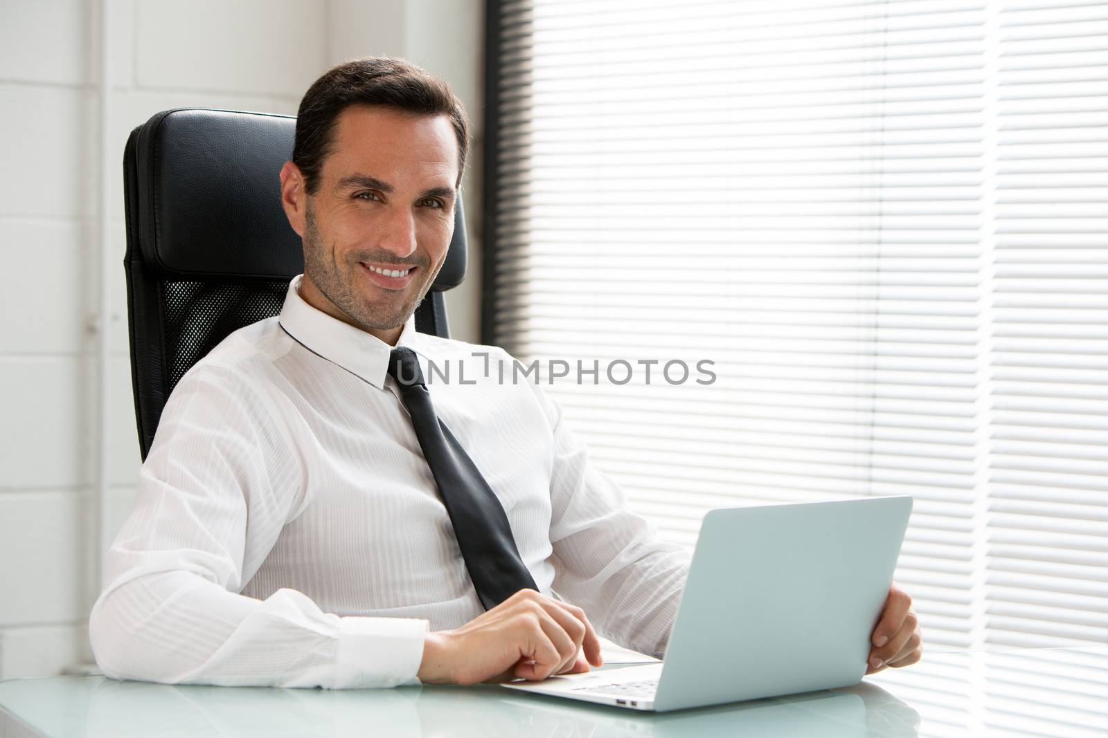 Half length portrait ofa male businessman, smiling at camera and working with a laptop computer