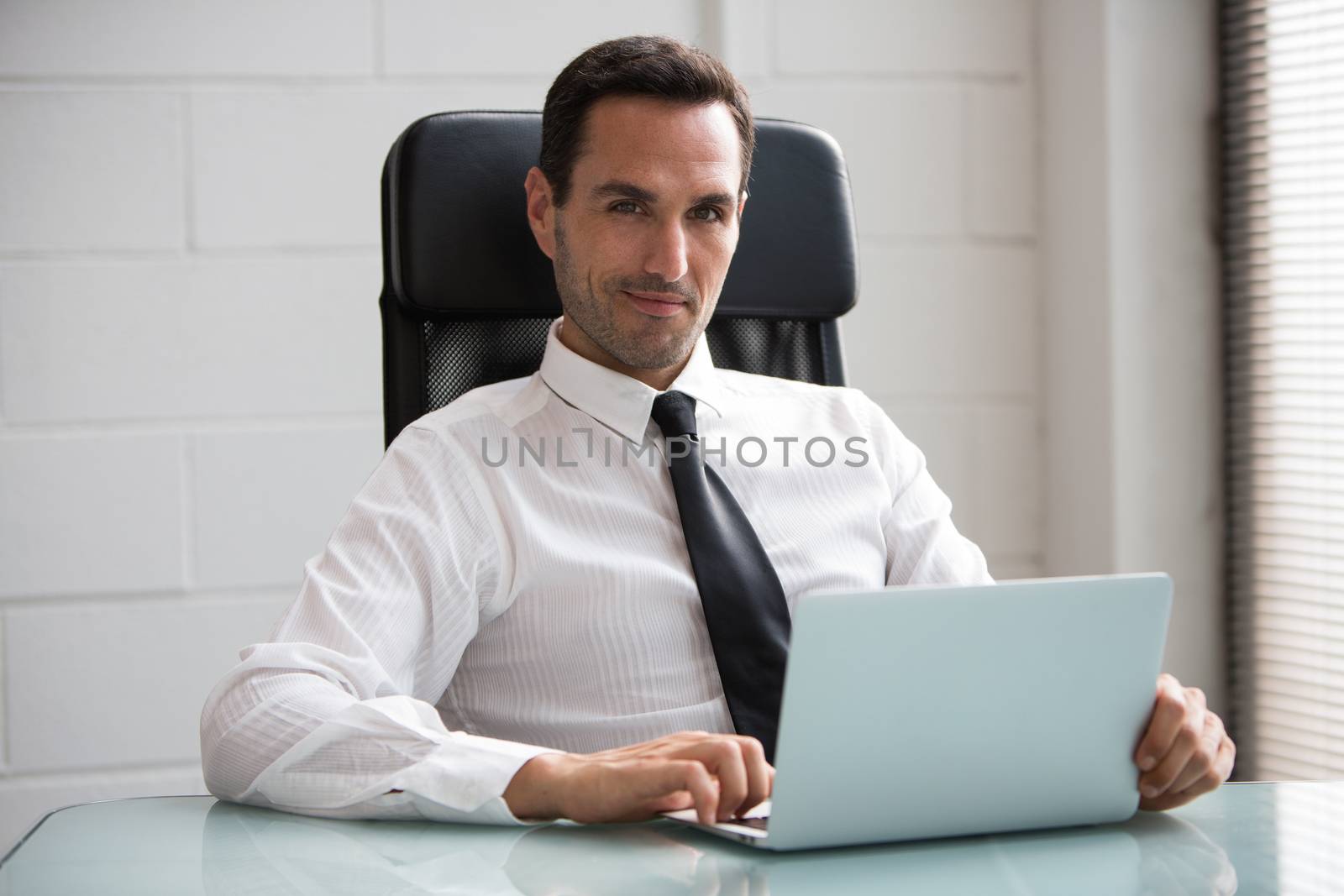 Half length portrait of a male businessman in the office, looking at camera and working with a laptop computer