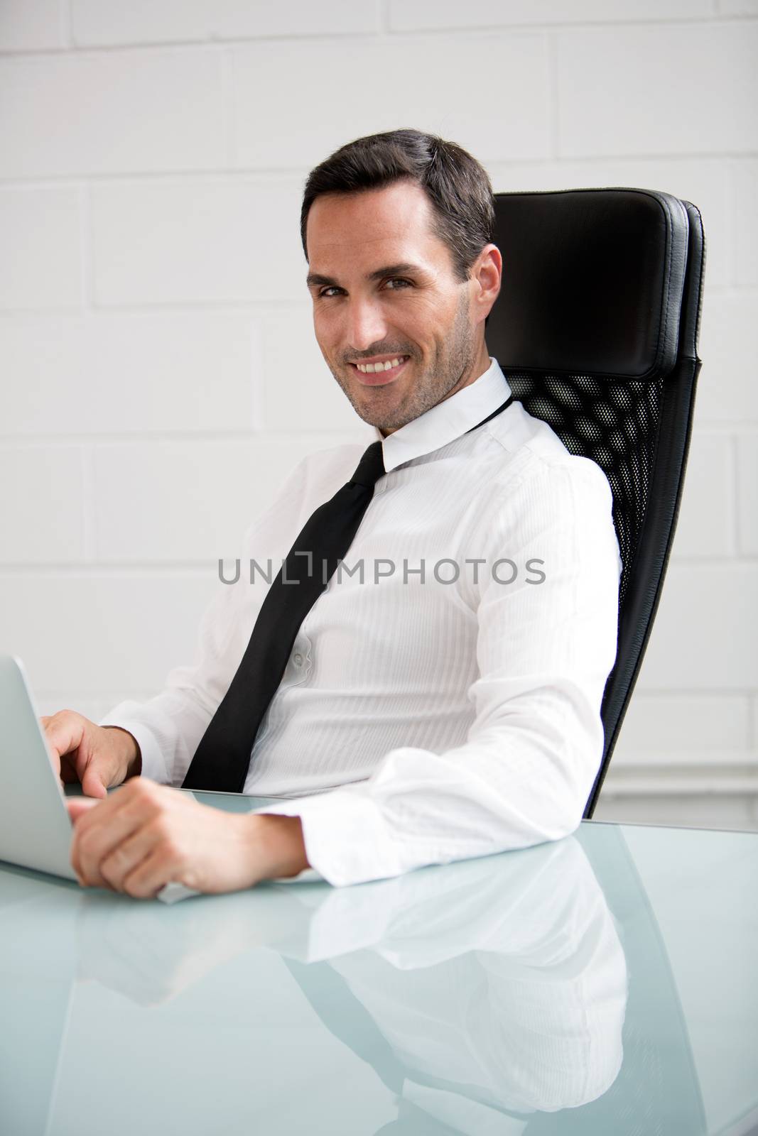 Half length portrait of male businessman, smiling at camera and working with a laptop computer