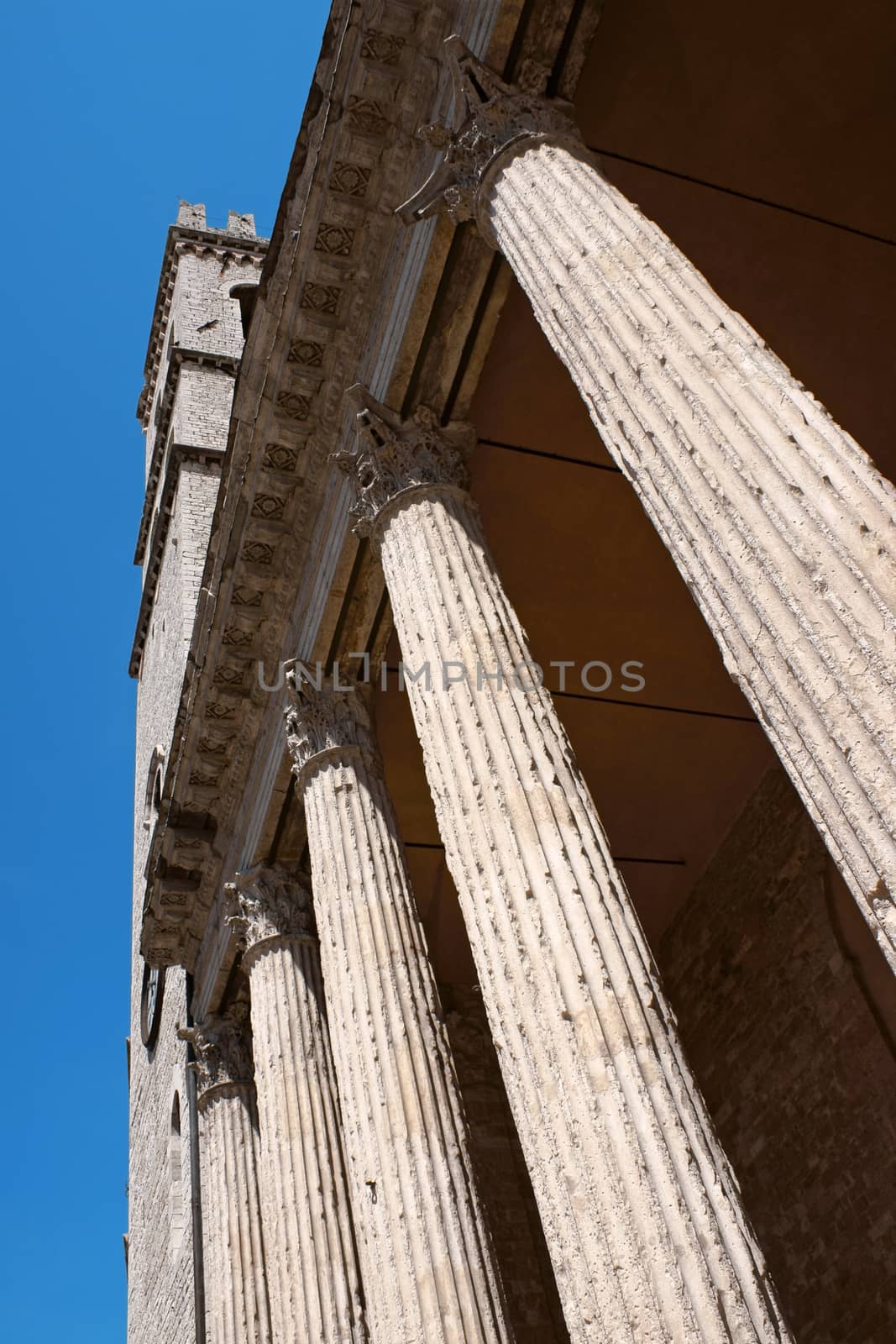 Detail of the Town Hall tower (Palazzo del Capitano del Popolo) and the temple of Minerva converted in Santa Maria sopra Minerva Church