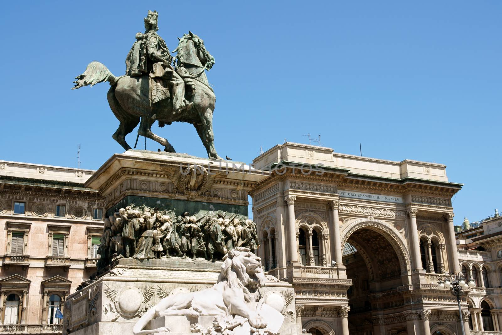 Galleria Vittorio Emanuele II and equestrian monument dedicated to the italian king in Piazza del Duomo, Milan.