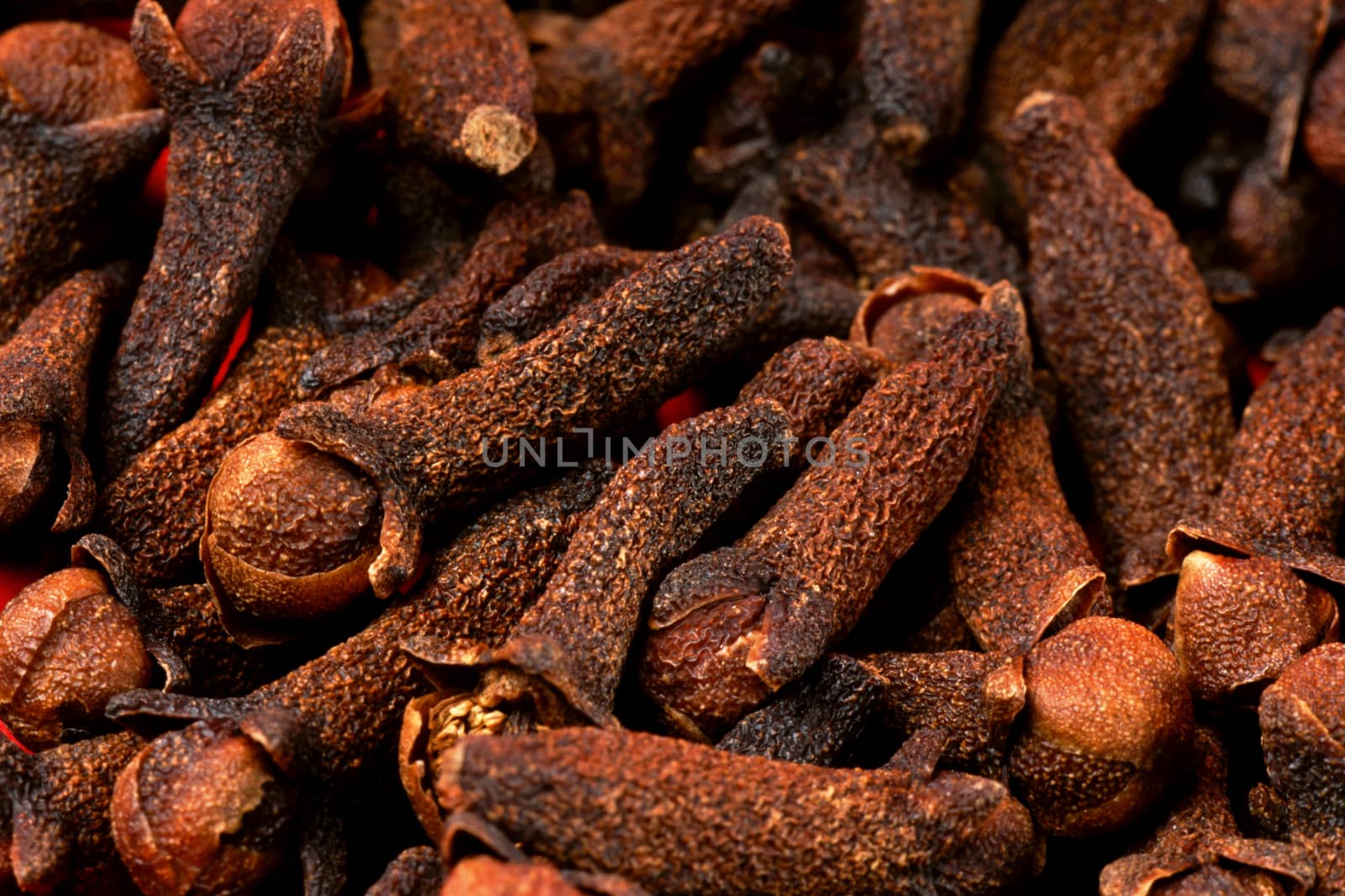 Macro of a lot of aromatic dried cloves.