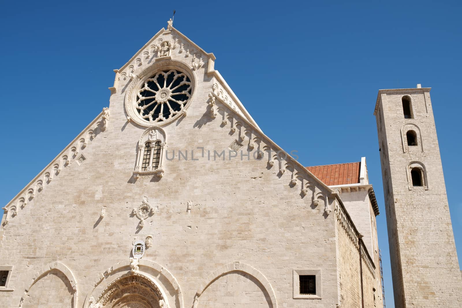 Ruvo di Puglia Cathedral in the southeast italian region of Apulia. The simple but elegant facade shows a lot of statues with vegetal, animal and human details. The Cathedral was dedicated to Santa Maria Assunta and was built between 12th and 13th century.