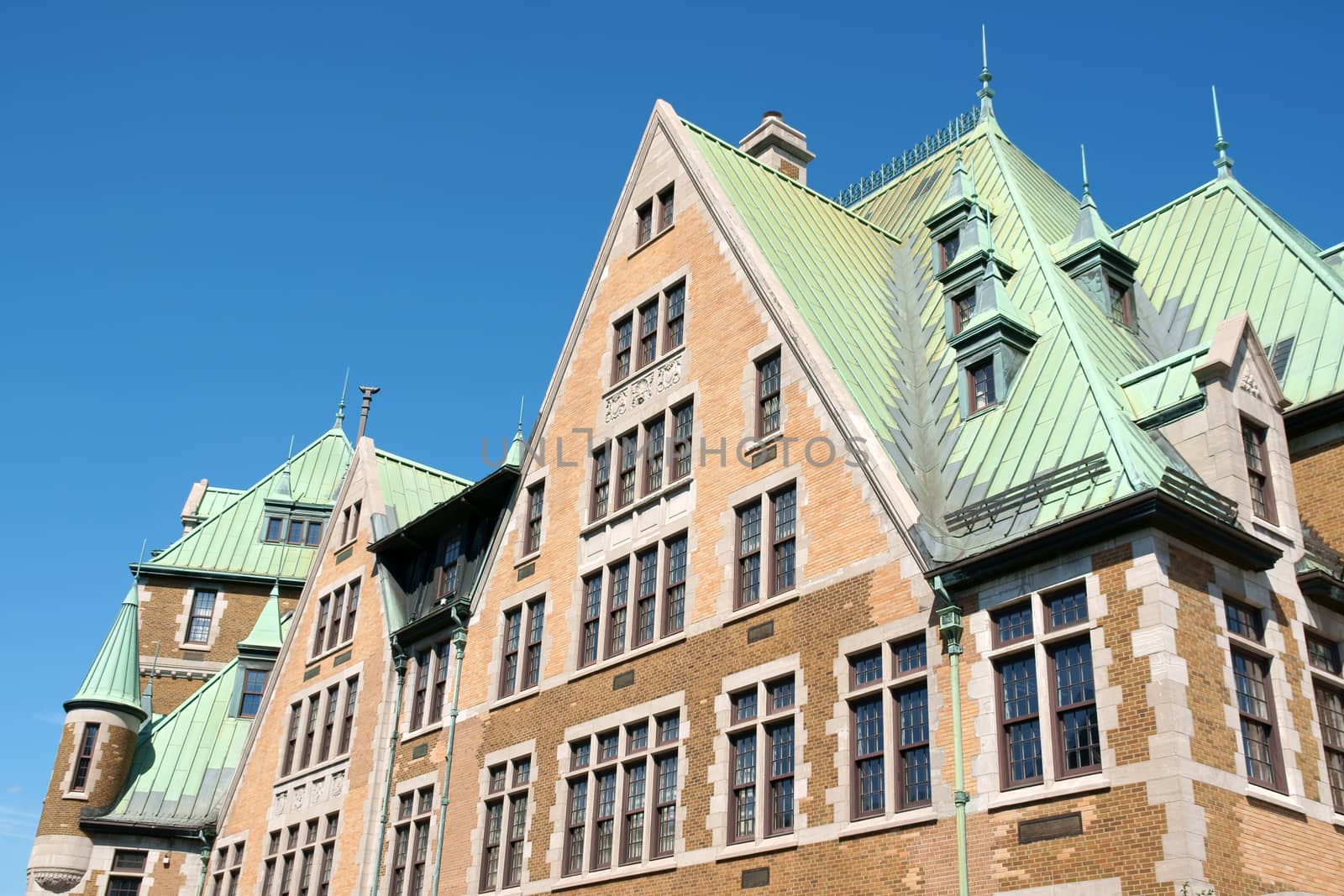 Old copper roofs from the railway and bus station complex in Quebec City, Canada.