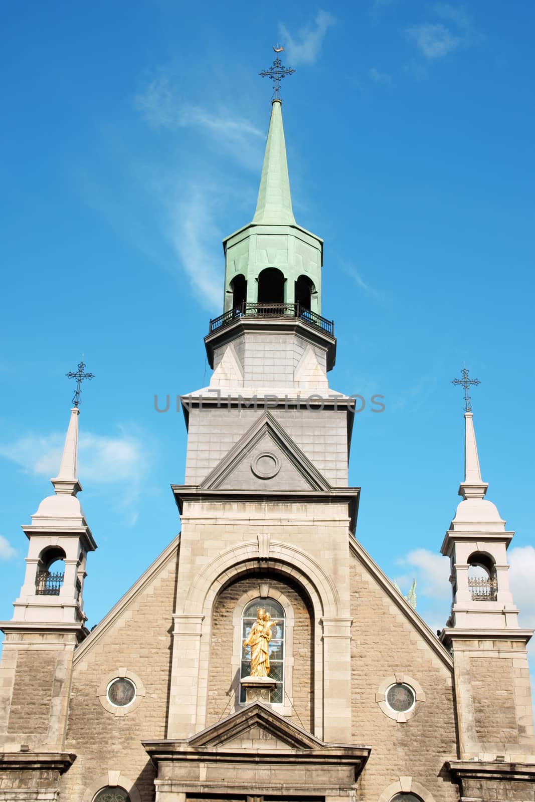 Detail of the facade of Notre Dame de Bonsecours Chapel in Montreal.