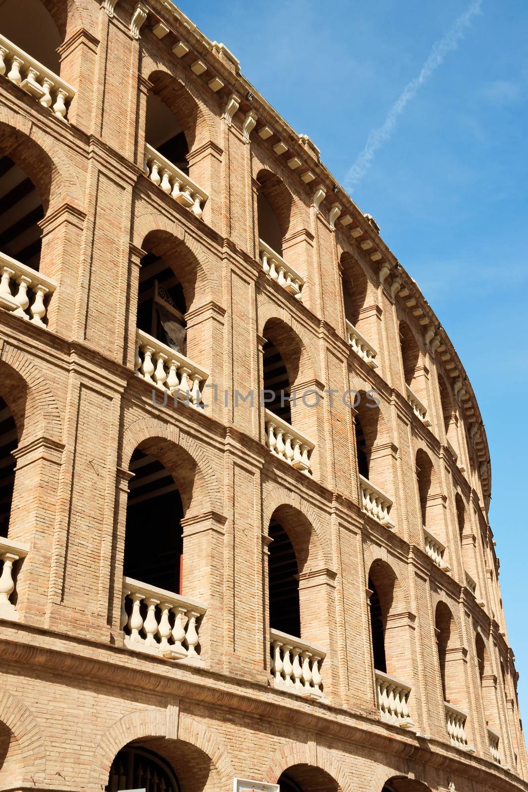 Detail of Plaza de toros (bullring) in Valencia, Spain. This stadium was built by architect Sebastian Monleon in 1851, next to north train station (estacion de norte).